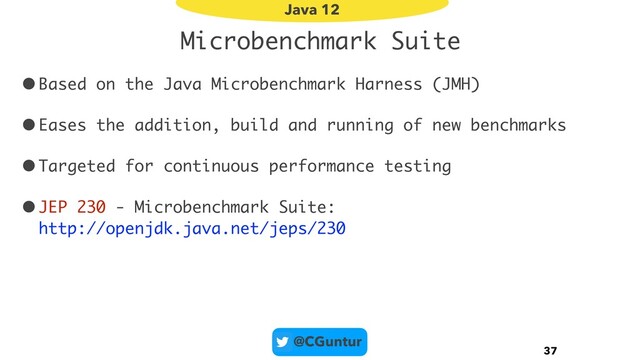 @CGuntur
Microbenchmark Suite
•Based on the Java Microbenchmark Harness (JMH)
•Eases the addition, build and running of new benchmarks
•Targeted for continuous performance testing
•JEP 230 - Microbenchmark Suite: 
http://openjdk.java.net/jeps/230
37
Java 12

