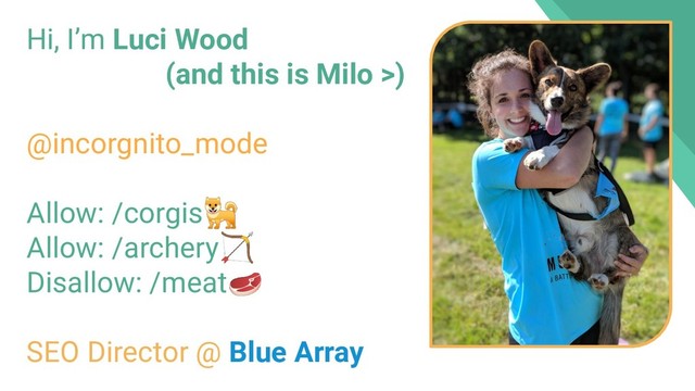 Hi, I’m Luci Wood
(and this is Milo >)
@incorgnito_mode
Allow: /corgis
Allow: /archery
Disallow: /meat
SEO Director @ Blue Array
