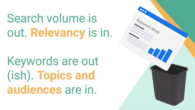 Search volume is
out. Relevancy is in.
Keywords are out
(ish). Topics and
audiences are in.
