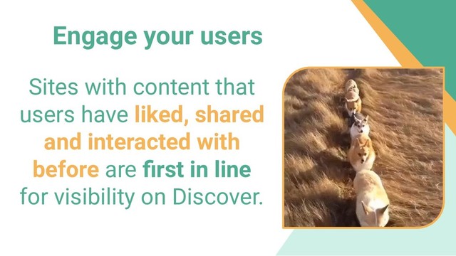 Sites with content that
users have liked, shared
and interacted with
before are ﬁrst in line
for visibility on Discover.
Engage your users
