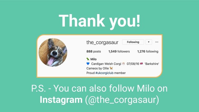 Thank you!
P.S. - You can also follow Milo on
Instagram (@the_corgasaur)
