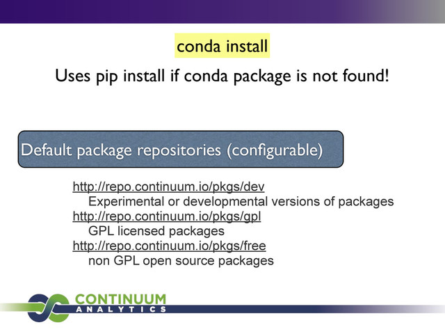 conda install
Uses pip install if conda package is not found!
http://repo.continuum.io/pkgs/dev
Experimental or developmental versions of packages
http://repo.continuum.io/pkgs/gpl
GPL licensed packages
http://repo.continuum.io/pkgs/free
non GPL open source packages
Default package repositories (conﬁgurable)
