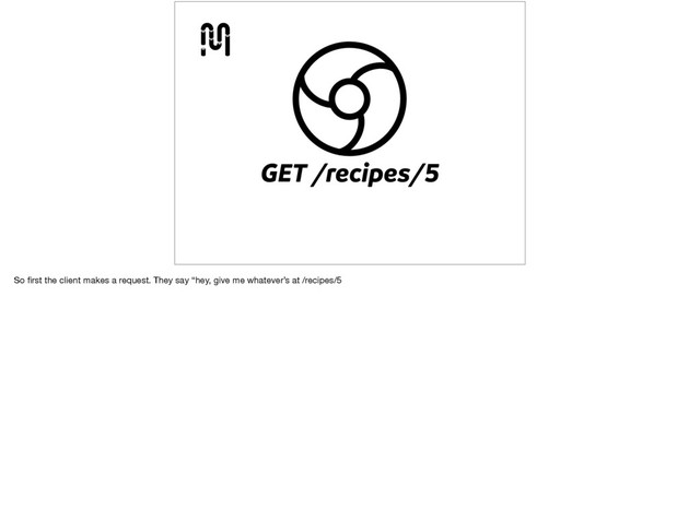 GET /recipes/5
So ﬁrst the client makes a request. They say “hey, give me whatever’s at /recipes/5
