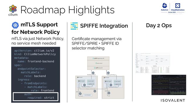 mTLS Support
for Network Policy
mTLS via just Network Policy,
no service mesh needed
SPIFFE Integration
Roadmap Highlights
Certiﬁcate management via
SPIFFE/SPIRE + SPIFFE ID
selector matching
Day 2 Ops

