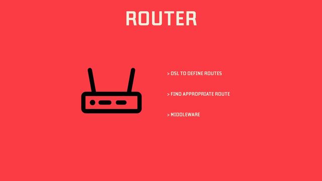 ROUTER
> DSL TO DEFINE ROUTES
> FIND APPROPRIATE ROUTE
> MIDDLEWARE
