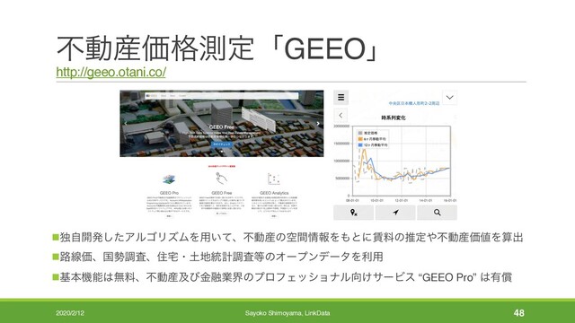 ෆಈ࢈Ձ֨ଌఆʮGEEOʯ
http://geeo.otani.co/
nಠࣗ։ൃͨ͠ΞϧΰϦζϜΛ༻͍ͯɺෆಈ࢈ͷۭؒ৘ใΛ΋ͱʹ௞ྉͷਪఆ΍ෆಈ࢈Ձ஋Λࢉग़
n࿏ઢՁɺࠃ੎ௐࠪɺॅ୐ɾ౔஍౷ܭௐࠪ౳ͷΦʔϓϯσʔλΛར༻
nجຊػೳ͸ແྉɺෆಈ࢈ٴͼۚ༥ۀքͷϓϩϑΣογϣφϧ޲͚αʔϏε “GEEO Pro” ͸༗ঈ
48
2020/2/12 Sayoko Shimoyama, LinkData
