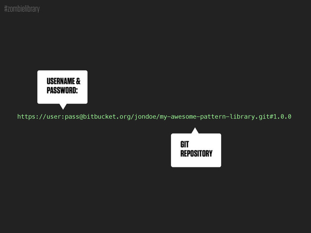 #zombielibrary
GIT
REPOSITORY
USERNAME &
PASSWORD:
https://user:pass@bitbucket.org/jondoe/my-awesome-pattern-library.git#1.0.0
