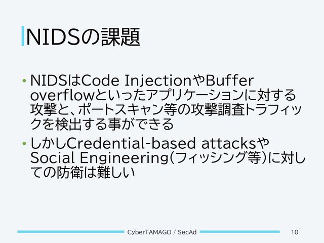 NIDSの課題
• NIDSはCode InjectionやBuffer
overflowといったアプリケーションに対する
攻撃と、ポートスキャン等の攻撃調査トラフィッ
クを検出する事ができる
• しかしCredential-based attacksや
Social Engineering(フィッシング等)に対し
ての防衛は難しい
CyberTAMAGO / SecAd 10
