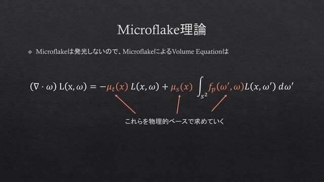 Microflake理論
Microflakeは発光しないので、MicroflakeによるVolume Equationは
∇ ⋅ 𝜔 L x, 𝜔 = −𝜇𝑡
𝑥 𝐿 𝑥, 𝜔 + 𝜇𝑠
(𝑥) න
𝑠2
𝑓𝑝
𝜔′, 𝜔 𝐿 𝑥, 𝜔′ 𝑑𝜔′
これらを物理的ベースで求めていく
