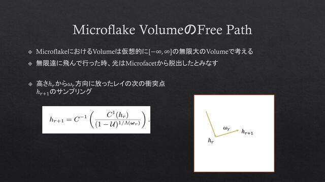 Microflake VolumeのFree Path
MicroflakeにおけるVolumeは仮想的に[−∞, ∞]の無限大のVolumeで考える
無限遠に飛んで行った時、光はMicrofacetから脱出したとみなす
高さℎ𝑟
から𝜔𝑟
方向に放ったレイの次の衝突点
ℎ𝑟+1
のサンプリング
ℎ𝑟
ℎ𝑟+1
𝜔𝑟
