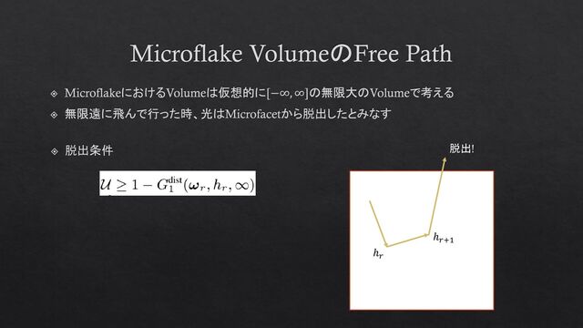 Microflake VolumeのFree Path
MicroflakeにおけるVolumeは仮想的に[−∞, ∞]の無限大のVolumeで考える
無限遠に飛んで行った時、光はMicrofacetから脱出したとみなす
脱出条件
ℎ𝑟
ℎ𝑟+1
脱出!
