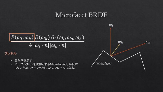 Microfacet BRDF
𝐹 𝜔𝑖
, 𝜔ℎ
𝐷 𝜔ℎ
𝐺2
(𝜔𝑖
, 𝜔𝑜
, 𝜔ℎ
)
4 |𝜔𝑖
⋅ 𝑛| 𝜔𝑜
⋅ 𝑛
フレネル
• 反射率を示す
• ハーフベクトルを法線とするMicrofacetとしか反射
しないため、ハーフベクトルとのフレネルになる。
𝜔ℎ
𝜔𝑖
𝜔𝑜
Microfacet
