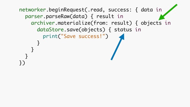 networker.beginRequest(.read, success: { data in 
parser.parseRaw(data) { result in 
archiver.materialize(from: result) { objects in 
dataStore.save(objects) { status in 
print("Save success!")
}
}
}
})
