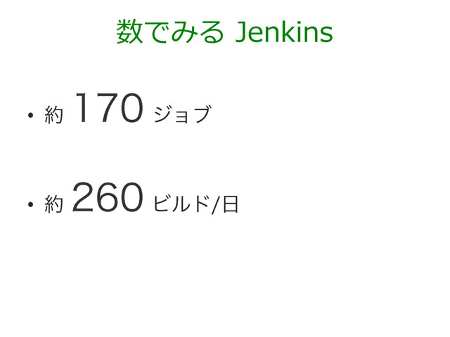 •  ໿
δϣϒ
•  ໿
Ϗϧυ೔
数でみる Jenkins
