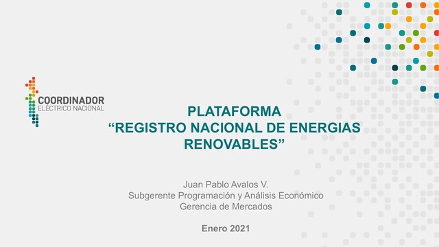 1
Juan Pablo Avalos V.
Subgerente Programación y Análisis Económico
Gerencia de Mercados
Enero 2021
PLATAFORMA
“REGISTRO NACIONAL DE ENERGIAS
RENOVABLES”
