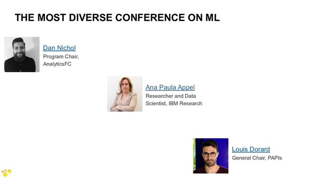 THE MOST DIVERSE CONFERENCE ON ML
Dan Nichol
Program Chair,
AnalyticsFC
Ana Paula Appel
Researcher and Data
Scientist, IBM Research
Louis Dorard
General Chair, PAPIs
