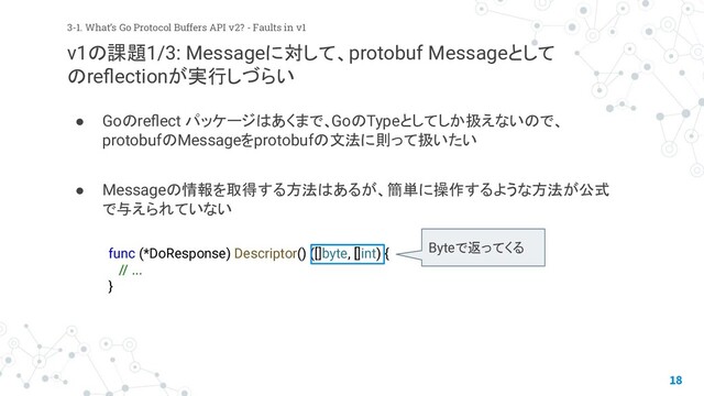 ● Goのreﬂect パッケージはあくまで、GoのTypeとしてしか扱えないので、
protobufのMessageをprotobufの文法に則って扱いたい
● Messageの情報を取得する方法はあるが、簡単に操作するような方法が公式
で与えられていない
18
3-1. What’s Go Protocol Buffers API v2? - Faults in v1
v1の課題1/3: Messageに対して、protobuf Messageとして
のreﬂectionが実行しづらい
func (*DoResponse) Descriptor() ([]byte, []int) {
// ...
}
Byteで返ってくる
