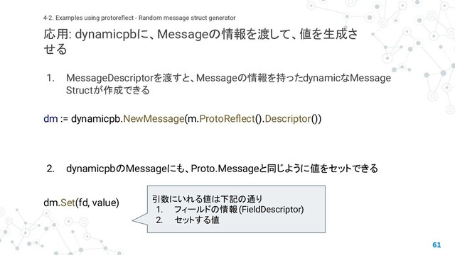1. MessageDescriptorを渡すと、Messageの情報を持ったdynamicなMessage
Structが作成できる
dm := dynamicpb.NewMessage(m.ProtoReﬂect().Descriptor())
2. dynamicpbのMessageにも、Proto.Messageと同じように値をセットできる
dm.Set(fd, value)
61
4-2. Examples using protoreﬂect - Random message struct generator
応用: dynamicpbに、Messageの情報を渡して、値を生成さ
せる
引数にいれる値は下記の通り
1. フィールドの情報(FieldDescriptor)
2. セットする値
