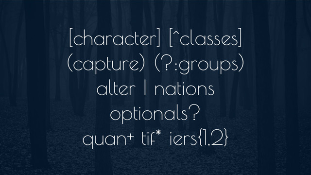 [character] [^classes]
(capture) (?:groups)
alter | nations
optionals?
quan+ tif* iers{1,2}
