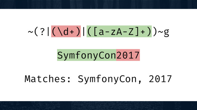 ~(?|(\d+)|([a-zA-Z]+))~g
SymfonyCon2017
Matches: SymfonyCon, 2017
