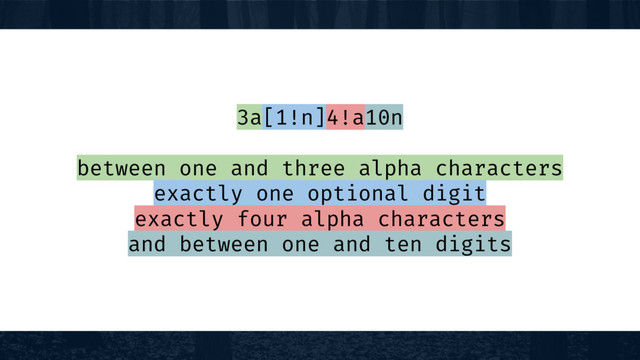 3a[1!n]4!a10n
between one and three alpha characters
exactly one optional digit
exactly four alpha characters
and between one and ten digits
