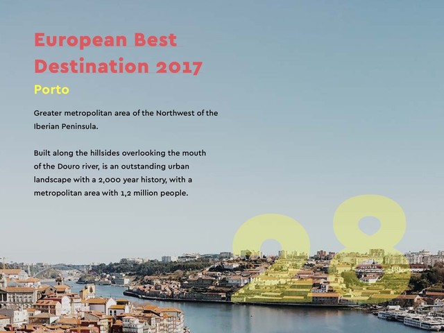 Greater metropolitan area of the Northwest of the
Iberian Peninsula.
Built along the hillsides overlooking the mouth
of the Douro river, is an outstanding urban
landscape with a 2,000 year history, with a
metropolitan area with 1,2 million people.
Porto
European Best
Destination 2017
28
