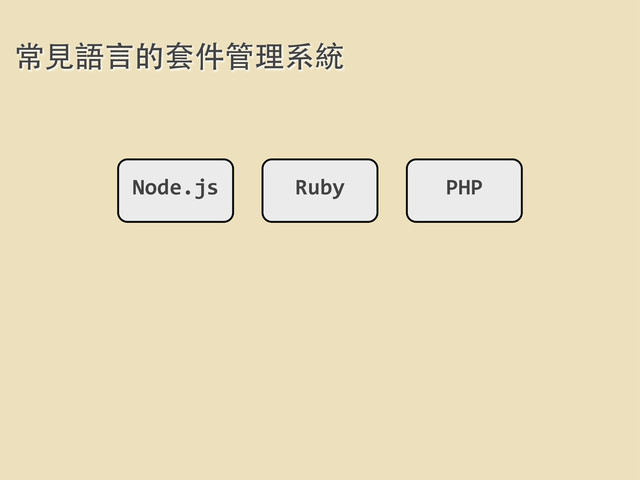 常⾒見語⾔言的套件管理系統
Node.js Ruby PHP
