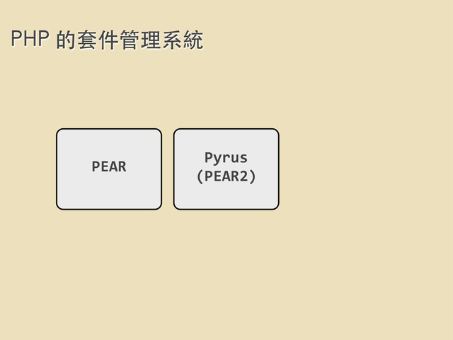 PHP 的套件管理系統
PEAR
Pyrus
(PEAR2)
