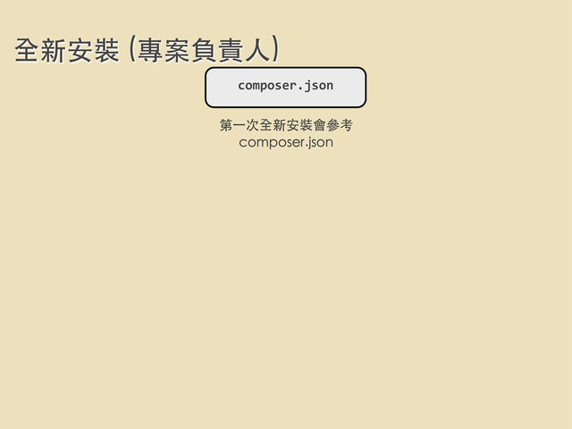 全新安裝 (專案負責⼈人)
composer.json
第⼀一次全新安裝會參考
composer.json
