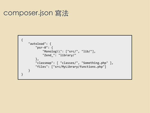 composer.json 寫法
{
	  	  	  	  "autoload":	  {
	  	  	  	  	  	  	  	  "psr-­‐0":	  {	  
	  	  	  	  	  	  	  	  	  	  	  	  "Monolog\\":	  ["src/",	  "lib/"],
	  	  	  	  	  	  	  	  	  	  	  	  "Zend_":	  "library/"
	  	  	  	  	  	  	  	  },
	  	  	  	  	  	  	  	  "classmap":	  [	  "classes/",	  "Something.php"	  ],
	  	  	  	  	  	  	  	  "files":	  ["src/MyLibrary/functions.php"]
	  	  	  	  }
}
