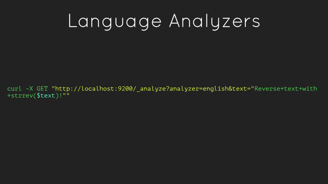 Language Analyzers
curl -X GET "http://localhost:9200/_analyze?analyzer=english&text="Reverse+text+with
+strrev($text)!""
