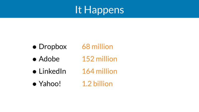 It Happens
• Dropbox
• Adobe
• LinkedIn
• Yahoo!
68 million
152 million
164 million
1.2 billion
