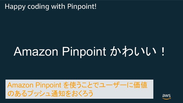 Happy coding with Pinpoint!
Amazon Pinpoint 
 
Amazon Pinpoint 

