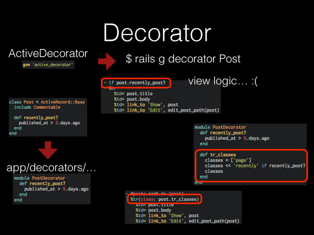 Decorator
ActiveDecorator
view logic… :(
$ rails g decorator Post
app/decorators/…
