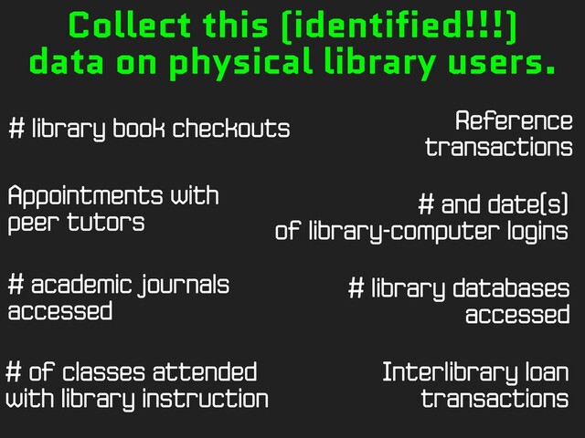 # library book checkouts
# and date(s)
of library-computer logins
# library databases
accessed
# academic journals
accessed
Appointments with
peer tutors
Reference
transactions
Interlibrary loan
transactions
Collect this (identified!!!)
data on physical library users.
# of classes attended
with library instruction
