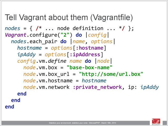 Stabilize your environment, stabilize your code - MidwestPHP - March 16th, 2014
Tell Vagrant about them (Vagrantfile)
nodes	  =	  {	  /*	  ...	  node	  definition	  ...	  */	  }; 
Vagrant.configure("2")	  do	  |config| 
	  	  nodes.each_pair	  do	  |name,	  options| 
	  	  	  	  hostname	  =	  options[:hostname] 
	  	  	  	  ipAddy	  =	  options[:ipAddress] 
	  	  	  	  config.vm.define	  name	  do	  |node| 
	  	  	  	  	  	  node.vm.box	  =	  "base-­‐box-­‐name" 
	  	  	  	  	  	  node.vm.box_url	  =	  "http://some/url.box" 
	  	  	  	  	  	  node.vm.hostname	  =	  hostname 
	  	  	  	  	  	  node.vm.network	  :private_network,	  ip:	  ipAddy 
	  	  	  	  end 
	  	  end 
end

