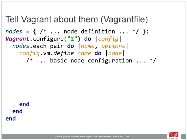 Stabilize your environment, stabilize your code - MidwestPHP - March 16th, 2014
Tell Vagrant about them (Vagrantfile)
nodes	  =	  {	  /*	  ...	  node	  definition	  ...	  */	  }; 
Vagrant.configure("2")	  do	  |config| 
	  	  nodes.each_pair	  do	  |name,	  options| 
	  	  	  	  config.vm.define	  name	  do	  |node| 
	  	  	  	  	  	  /*	  ...	  basic	  node	  configuration	  ...	  */	  
!
!
!
!
!
	  	  	  	  end 
	  	  end 
end
