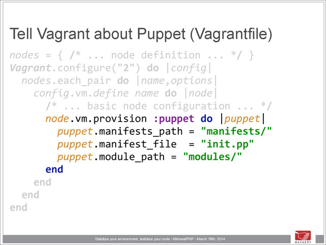 Stabilize your environment, stabilize your code - MidwestPHP - March 16th, 2014
nodes	  =	  {	  /*	  ...	  node	  definition	  ...	  */	  } 
Vagrant.configure("2")	  do	  |config| 
	  	  nodes.each_pair	  do	  |name,options| 
	  	  	  	  config.vm.define	  name	  do	  |node| 
	  	  	  	  	  	  /*	  ...	  basic	  node	  configuration	  ...	  */	  
	  	  	  	  	  	  node.vm.provision	  :puppet	  do	  |puppet| 
	  	  	  	  	  	  	  	  puppet.manifests_path	  =	  "manifests/" 
	  	  	  	  	  	  	  	  puppet.manifest_file	  	  =	  "init.pp" 
	  	  	  	  	  	  	  	  puppet.module_path	  =	  "modules/" 
	  	  	  	  	  	  end	  
	  	  	  	  end 
	  	  end 
end
Tell Vagrant about Puppet (Vagrantfile)
