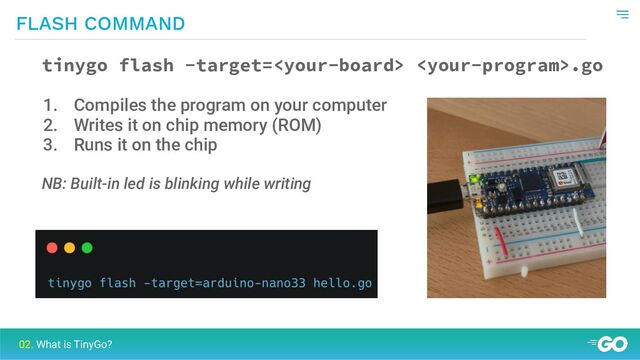 FLASH COMMAND
tinygo flash -target= .go
1. Compiles the program on your computer
2. Writes it on chip memory (ROM)
3. Runs it on the chip
NB: Built-in led is blinking while writing
02. What is TinyGo?
