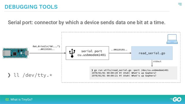 DEBUGGING TOOLS
❯ ll /dev/tty.*
02. What is TinyGo?
Serial port: connector by which a device sends data one bit at a time.
