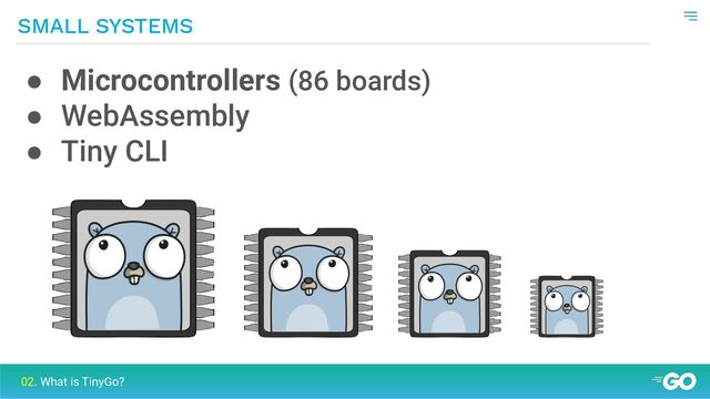 SMALL SYSTEMS
02. What is TinyGo?
● Microcontrollers (86 boards)
● WebAssembly
● Tiny CLI
