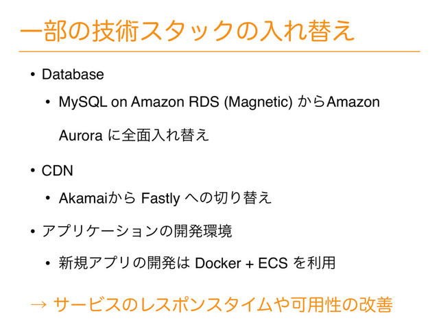 Ұ෦ͷٕज़ελοΫͷೖΕସ͑
• Database
• MySQL on Amazon RDS (Magnetic) ͔ΒAmazon
Aurora ʹશ໘ೖΕସ͑
• CDN
• Akamai͔Β Fastly ΁ͷ੾Γସ͑
• ΞϓϦέʔγϣϯͷ։ൃ؀ڥ
• ৽نΞϓϦͷ։ൃ͸ Docker + ECS Λར༻
ˠαʔϏεͷϨεϙϯελΠϜ΍Մ༻ੑͷվળ
