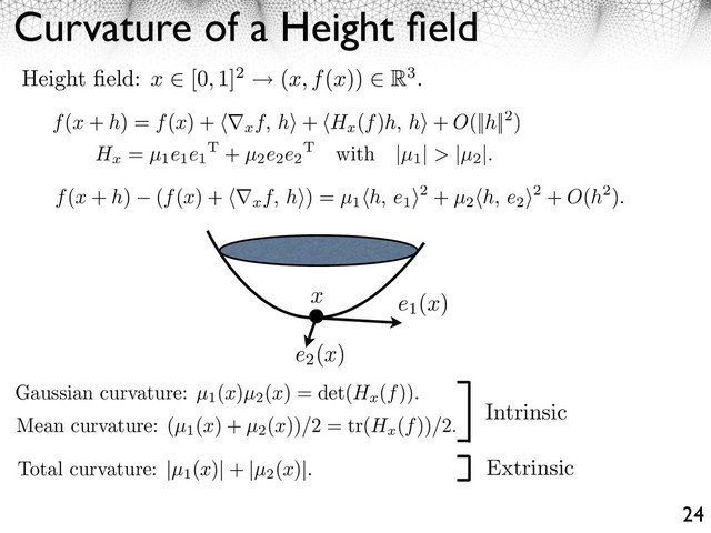 Curvature of a Height ﬁeld
24
Height ﬁeld: x ⇥ [0, 1]2 (x, f(x)) ⇥ R3.
f(x + h) = f(x) + ⇤xf, h⇥ + Hx
(f)h, h⇥ + O(||h||2)
f(x + h) (f(x) + ⇥⌅xf, h⇤) = µ1
⇥h, e1
⇤2 + µ2
⇥h, e2
⇤2 + O(h2).
Hx
= µ1e1e1
T + µ2e2e2
T with |µ1
| > |µ2
|.
Gaussian curvature: µ1
(x)µ2
(x) = det(Hx
(f)).
Mean curvature: (µ1
(x) + µ2
(x))/2 = tr(Hx
(f))/2.
Total curvature: |µ1
(x)| + |µ2
(x)|.
Intrinsic
Extrinsic
e1
(x)
e2
(x)
x
