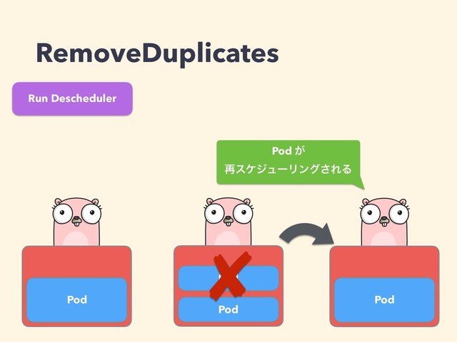 RemoveDuplicates
Pod
Pod
Pod
Pod ͕ 
࠶εέδϡʔϦϯά͞ΕΔ
Pod
Run Descheduler

