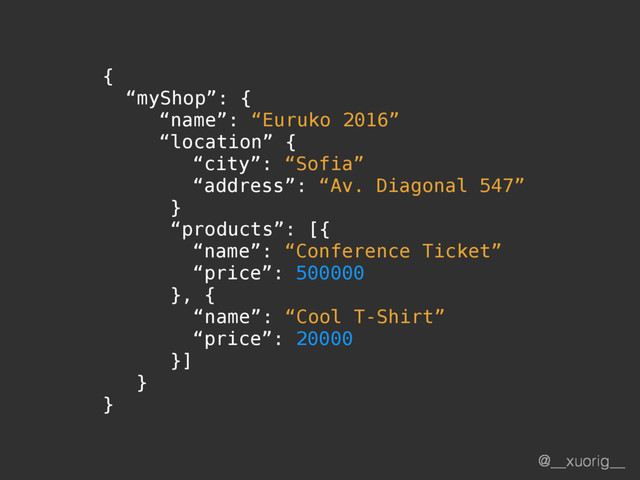 @__xuorig__
{
“myShop”: {
“name”: “Euruko 2016”
“location” {
“city”: “Sofia”
“address”: “Av. Diagonal 547”
}
“products”: [{
“name”: “Conference Ticket”
“price”: 500000
}, {
“name”: “Cool T-Shirt”
“price”: 20000
}]
}
}
