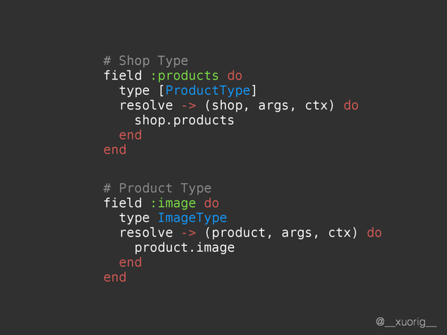 @__xuorig__
# Product Type
field :image do
type ImageType
resolve -> (product, args, ctx) do
product.image
end
end
# Shop Type
field :products do
type [ProductType]
resolve -> (shop, args, ctx) do
shop.products
end
end
