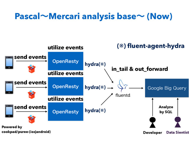 0QFO3FTUZ
0QFO3FTUZ
0QFO3FTUZ
(PPHMF#JH2VFSZ
Developer Data Sientist
Analyze
by SQL
send events
send events
send events
Powered by
cookpad/puree-(ios|android)
utilize events
utilize events
utilize events
hydra(※)
hydra(※)
hydra(※)
(※) ﬂuent-agent-hydra
PascalʙMercari analysis baseʙ (Now)
in_tail & out_forward

