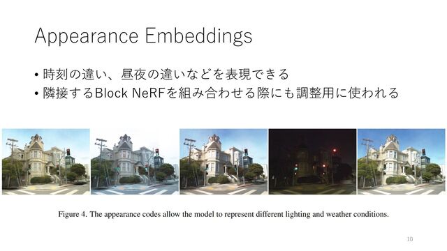 Appearance Embeddings
• 時刻の違い、昼夜の違いなどを表現できる
• 隣接するBlock NeRFを組み合わせる際にも調整用に使われる
10
