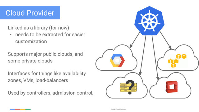 Google Cloud Platform
Linked as a library (for now)
• needs to be extracted for easier
customization
Supports major public clouds, and
some private clouds
Interfaces for things like availability
zones, VMs, load-balancers
Used by controllers, admission control,
Cloud Provider
?
