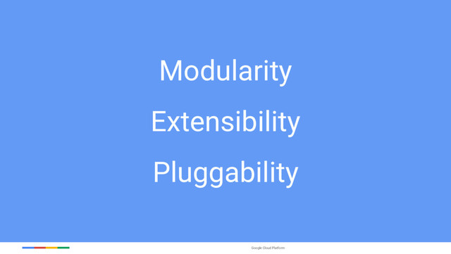 Google Cloud Platform
Modularity
Extensibility
Pluggability

